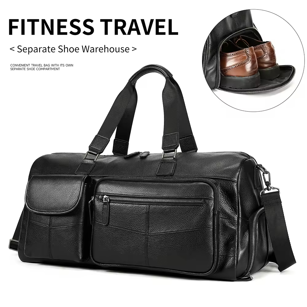 Black Leather Travel Duffel Bag