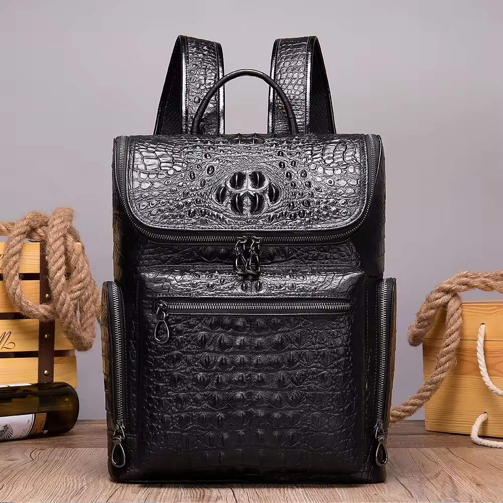 Black Crocodile Pattern Leather Backpack