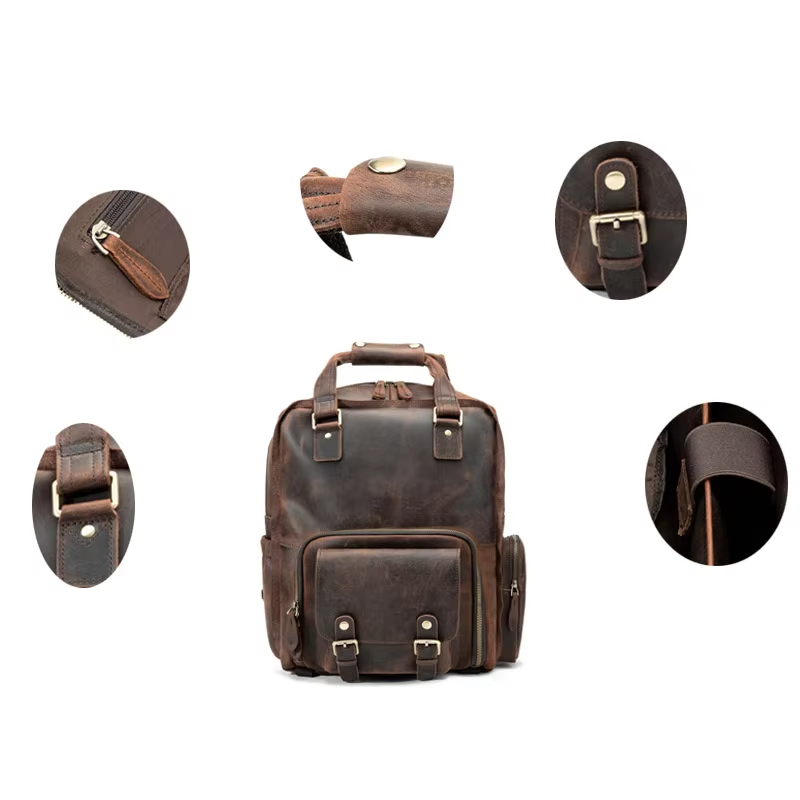 Multifunctional 17 Inches Laptop Backpack Vintage Crazy Horse Leather Camera Bag Backpack 
