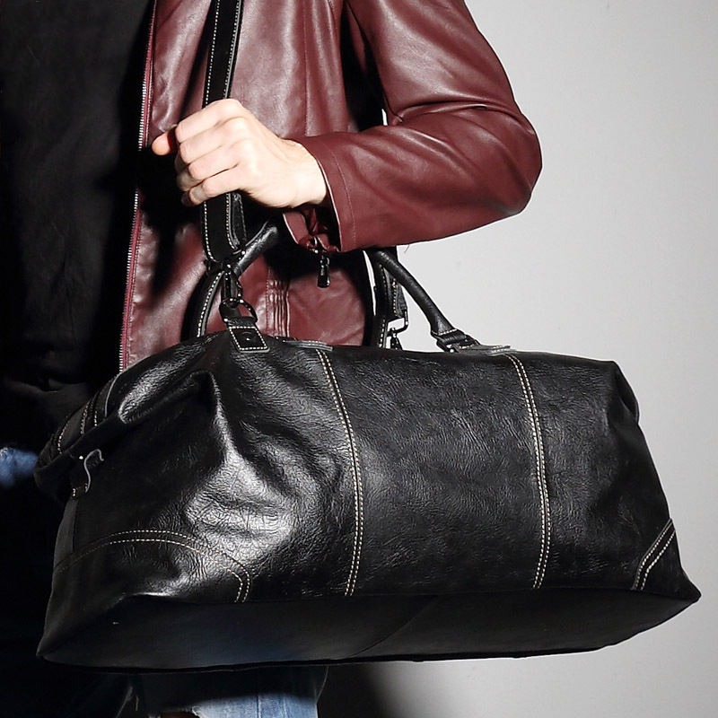 Black Leather Travel Duffle Bag
