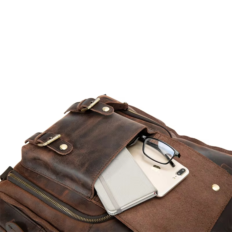 Multifunctional 17 Inches Laptop Backpack Vintage Crazy Horse Leather Camera Bag Backpack 