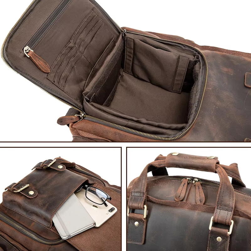 Multifunctional 17 Inches Laptop Backpack Vintage Crazy Horse Leather Camera Bag Backpack 