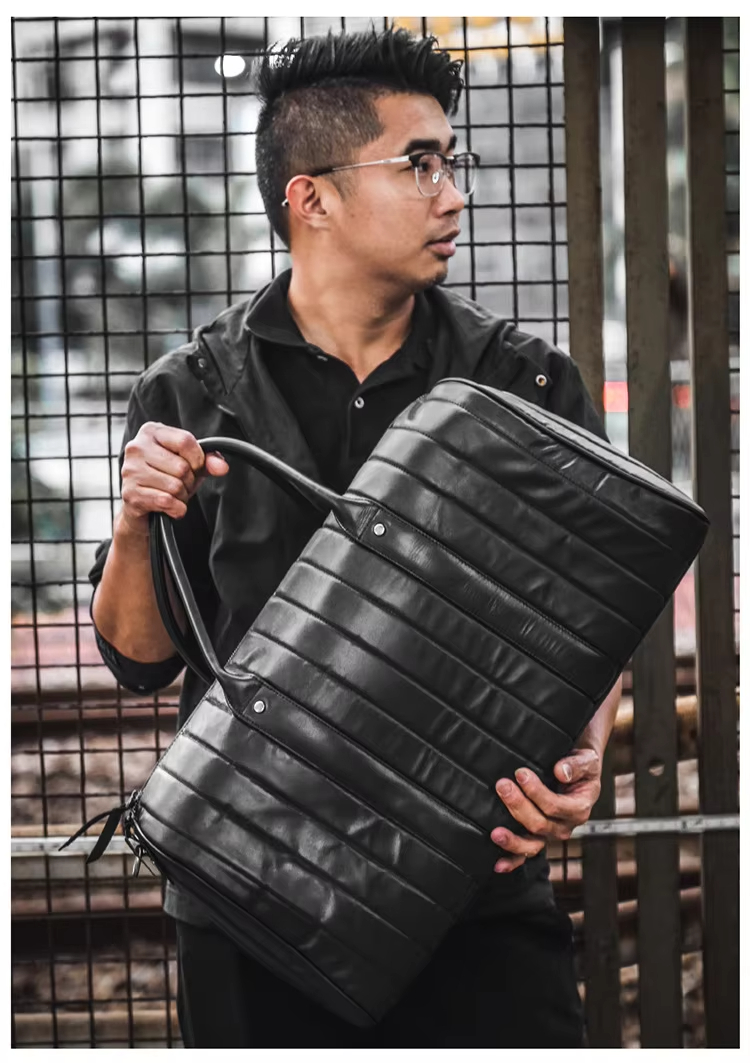 Black Leather Travel Duffle Bag