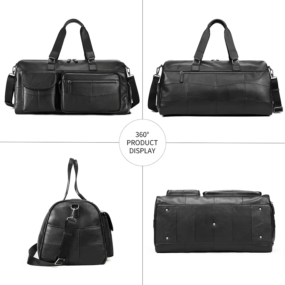 Black Leather Travel Duffel Bag