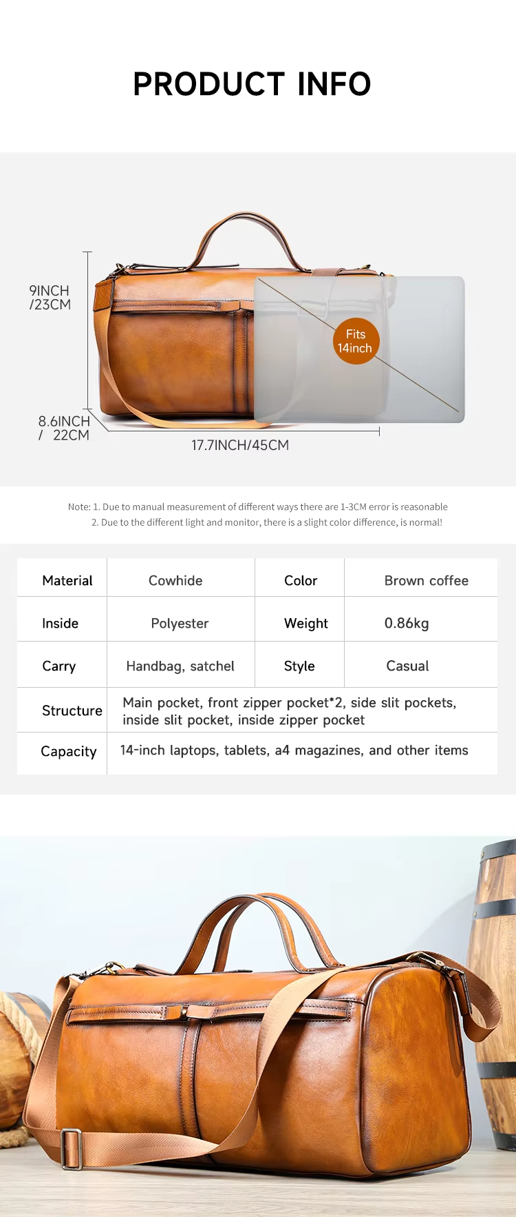 Brown Leather Travel Duffel Bag