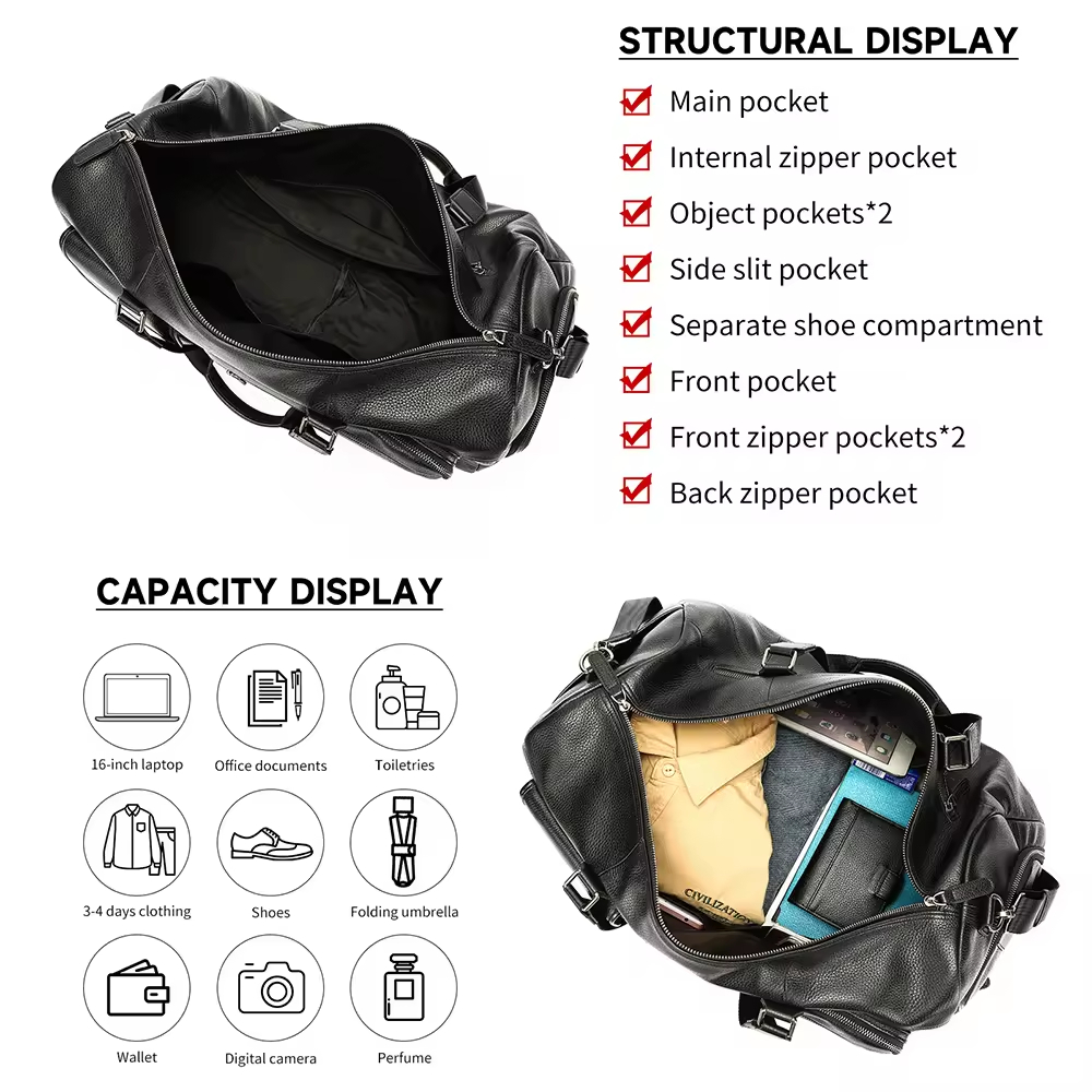 Black Leather Travel Duffel Bag