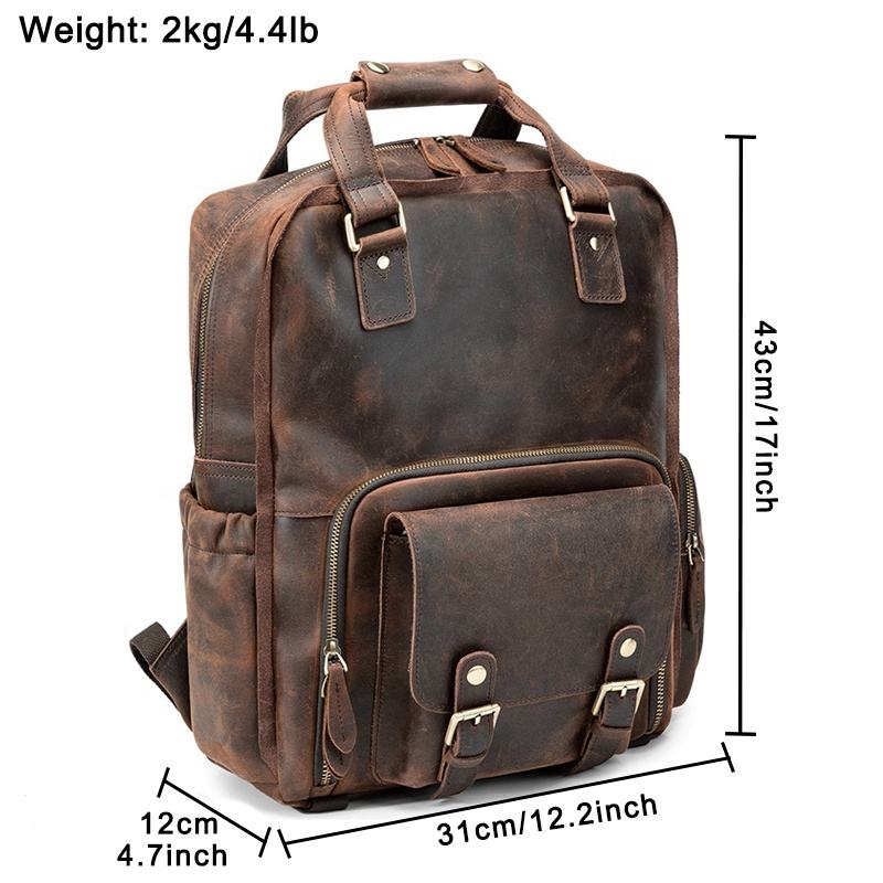 Multifunctional 17 Inches Laptop Backpack Vintage Crazy Horse Leather Camera Bag Backpack 