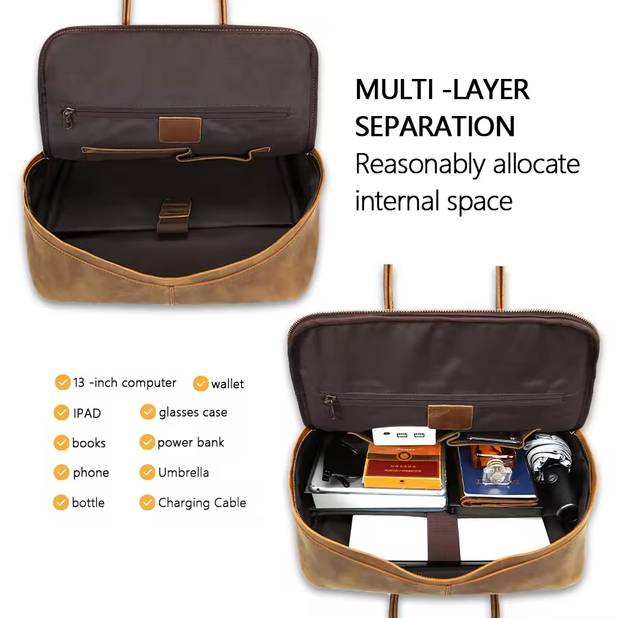 Multi-Compartment Leather Travel Bag