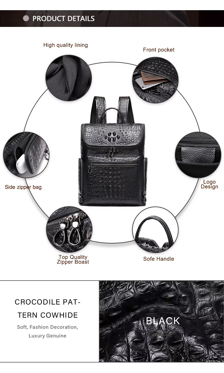 Black Crocodile Pattern Leather Backpack