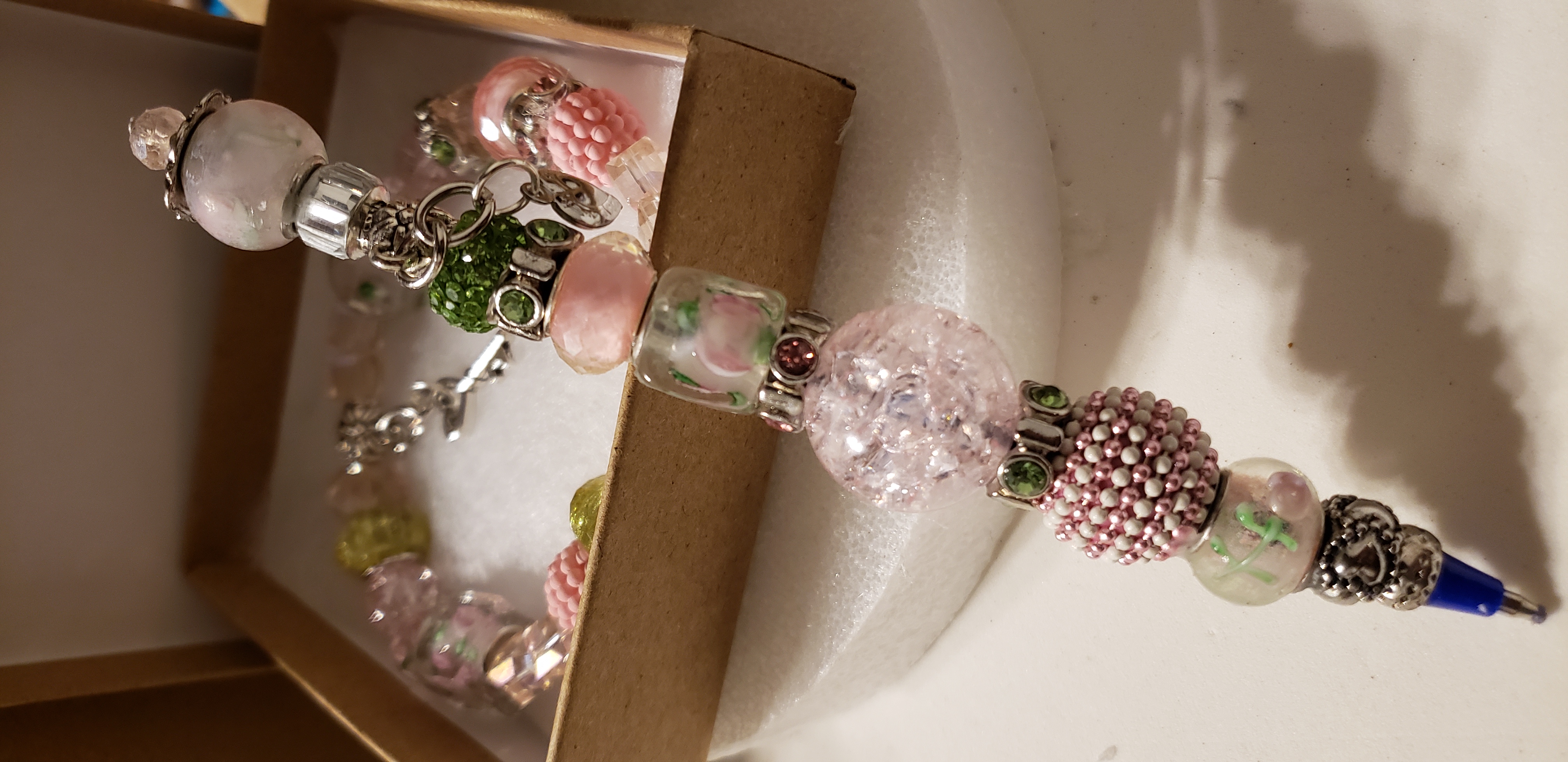 Set - Pink and Green "Heart Felt Ink Pen" With Matching Pink and Green "Key To My Heart Bracelet" Set