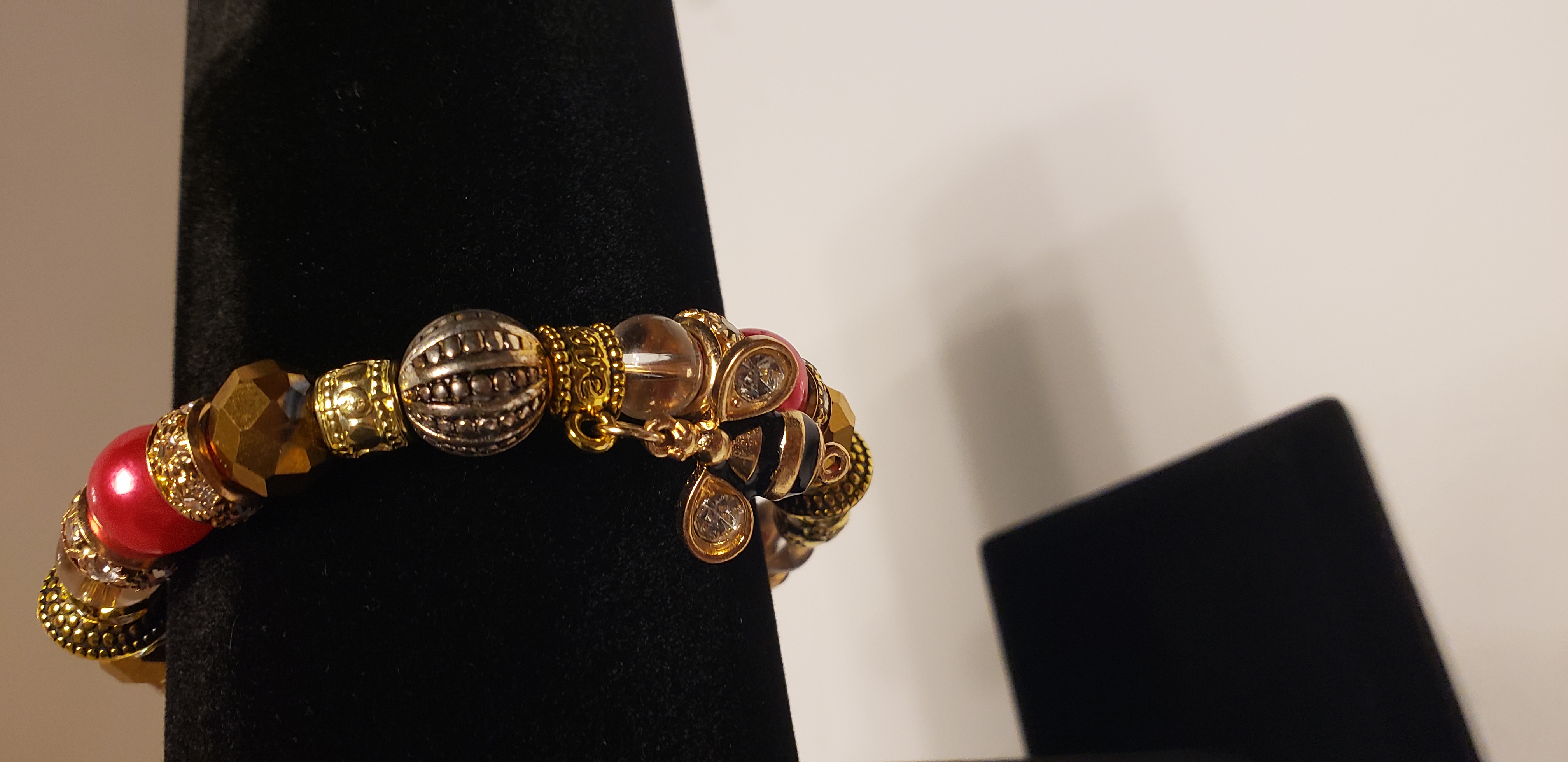 Red and Gold Beaded Bracelet with Bee Charm