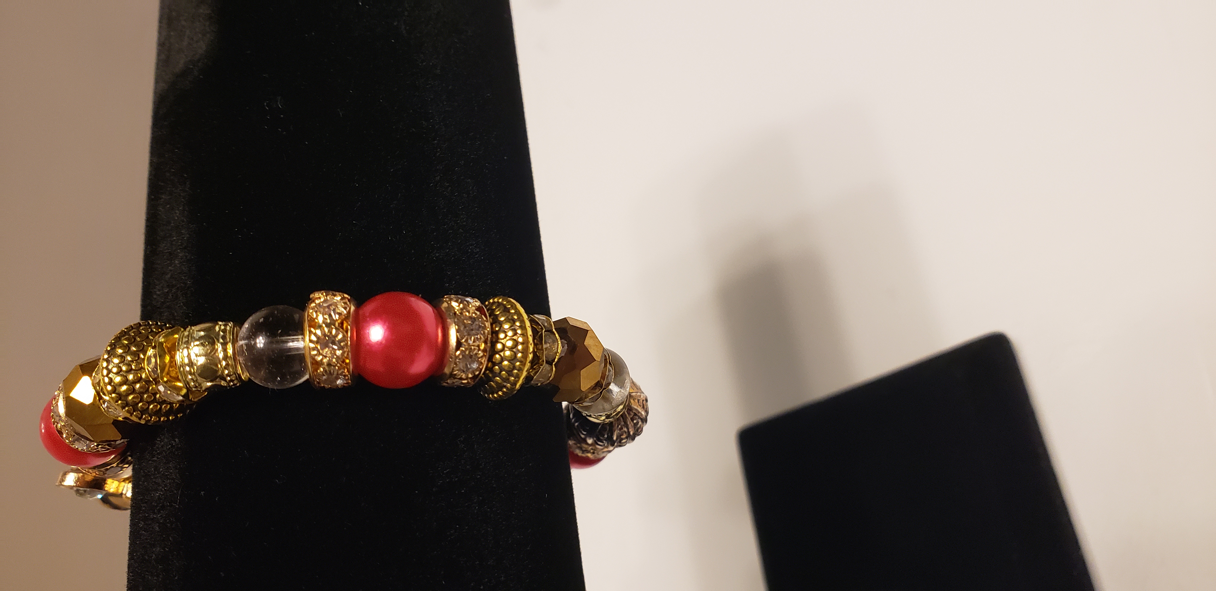 Red and Gold Beaded Bracelet with Bee Charm