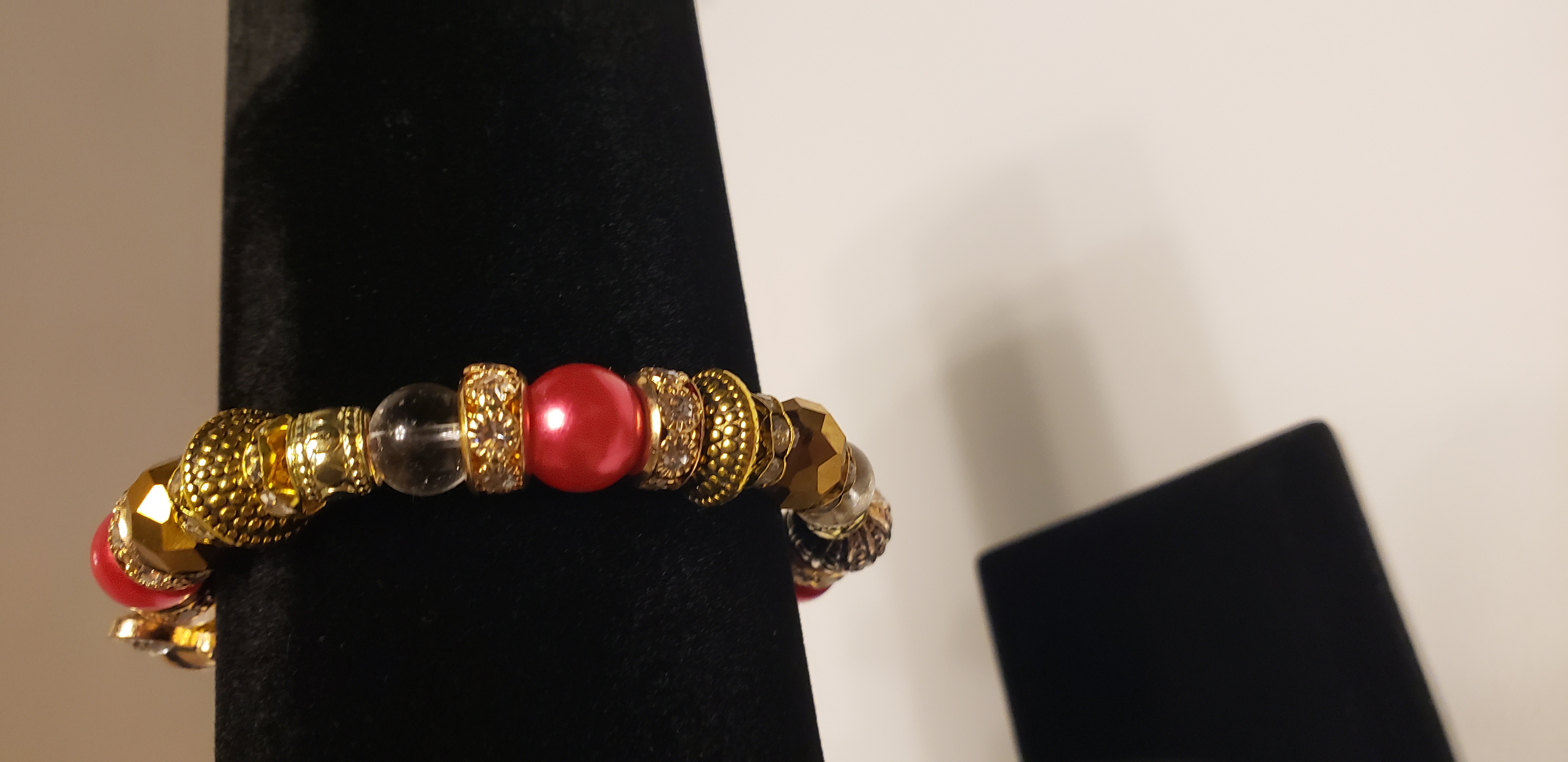 Red and Gold Beaded Bracelet with Bee Charm