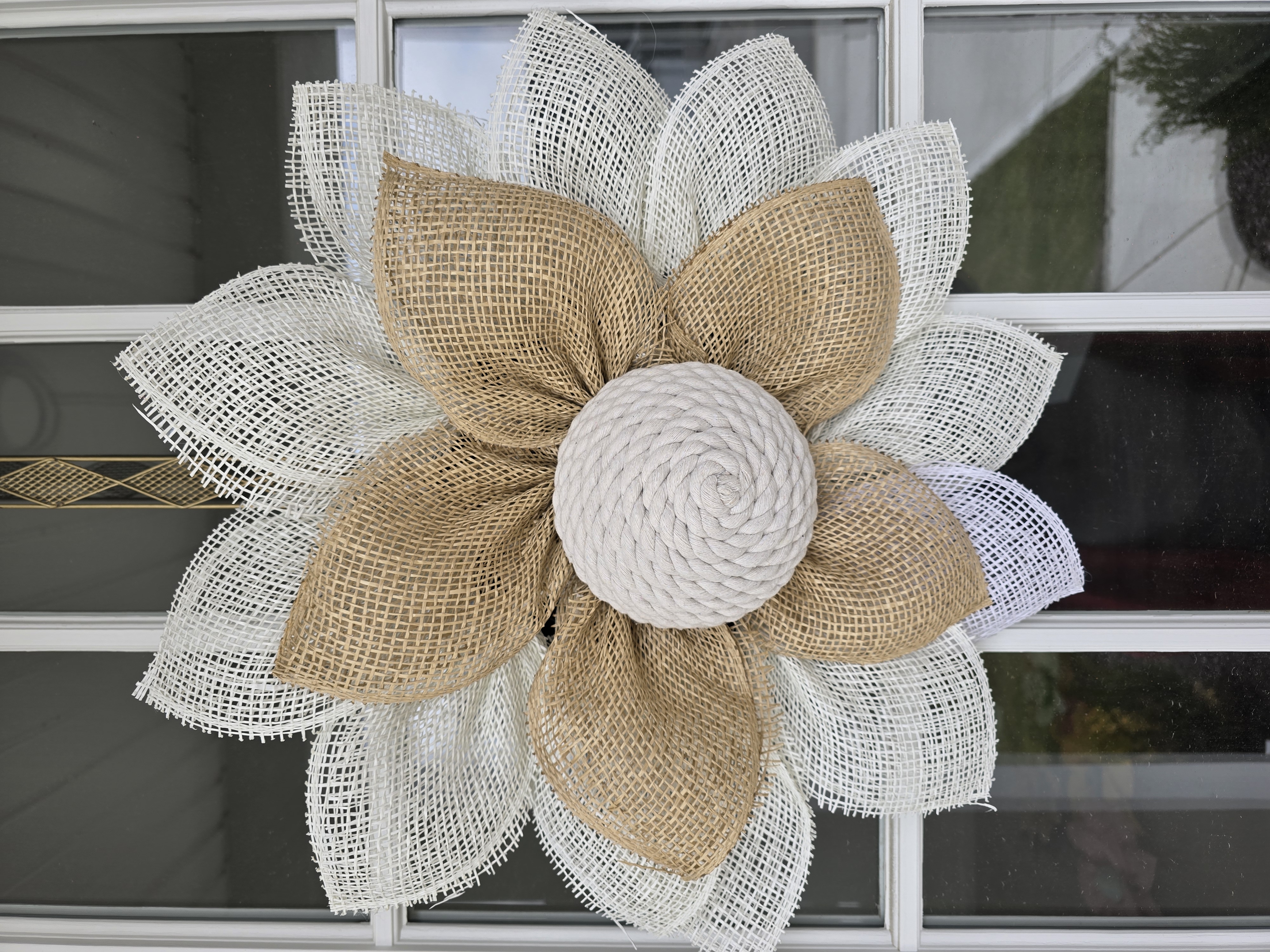 Decorative Tan and White Burlap Wreath