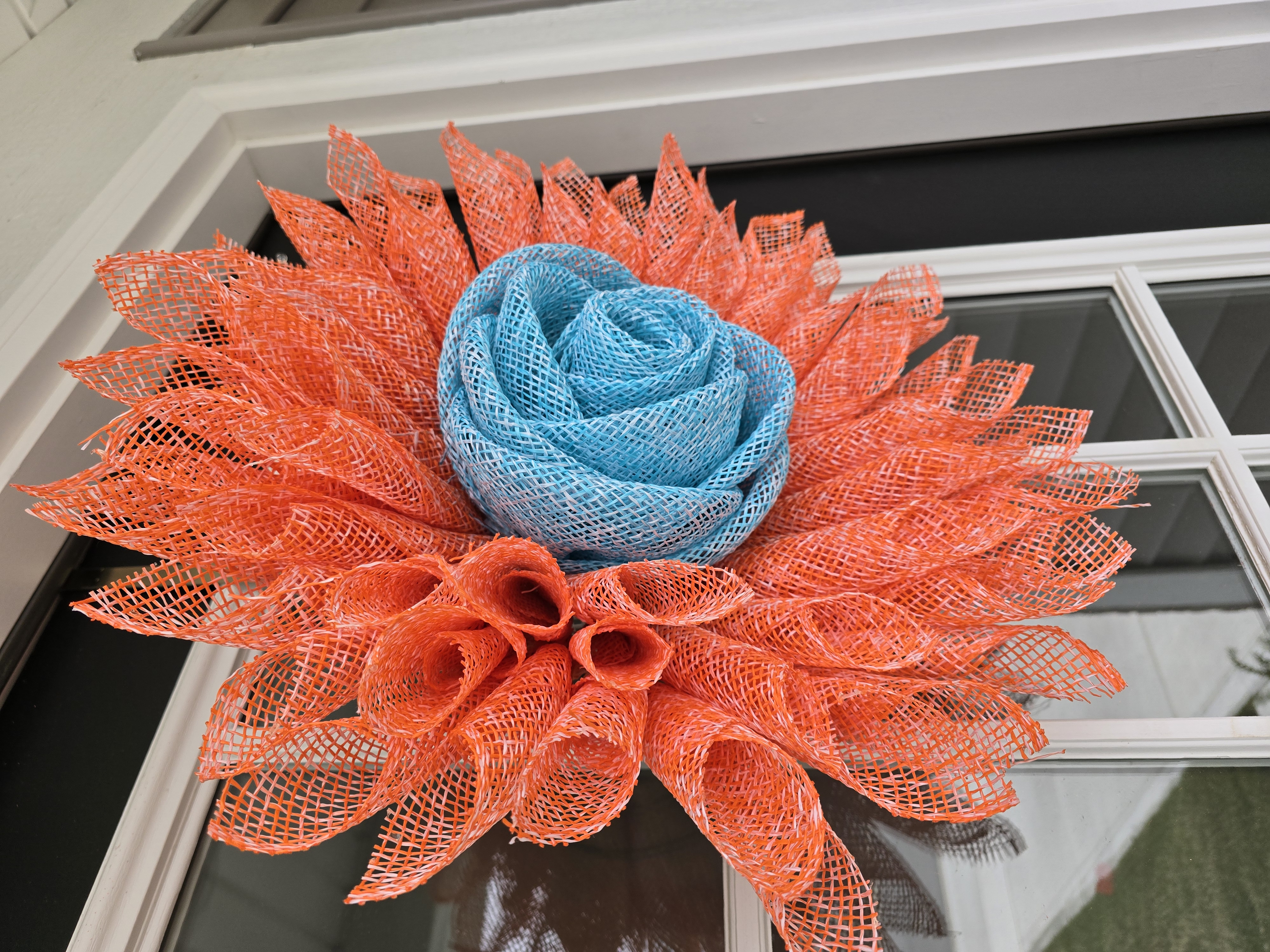 Decorative Orange and Blue Rosette Mesh Wreath