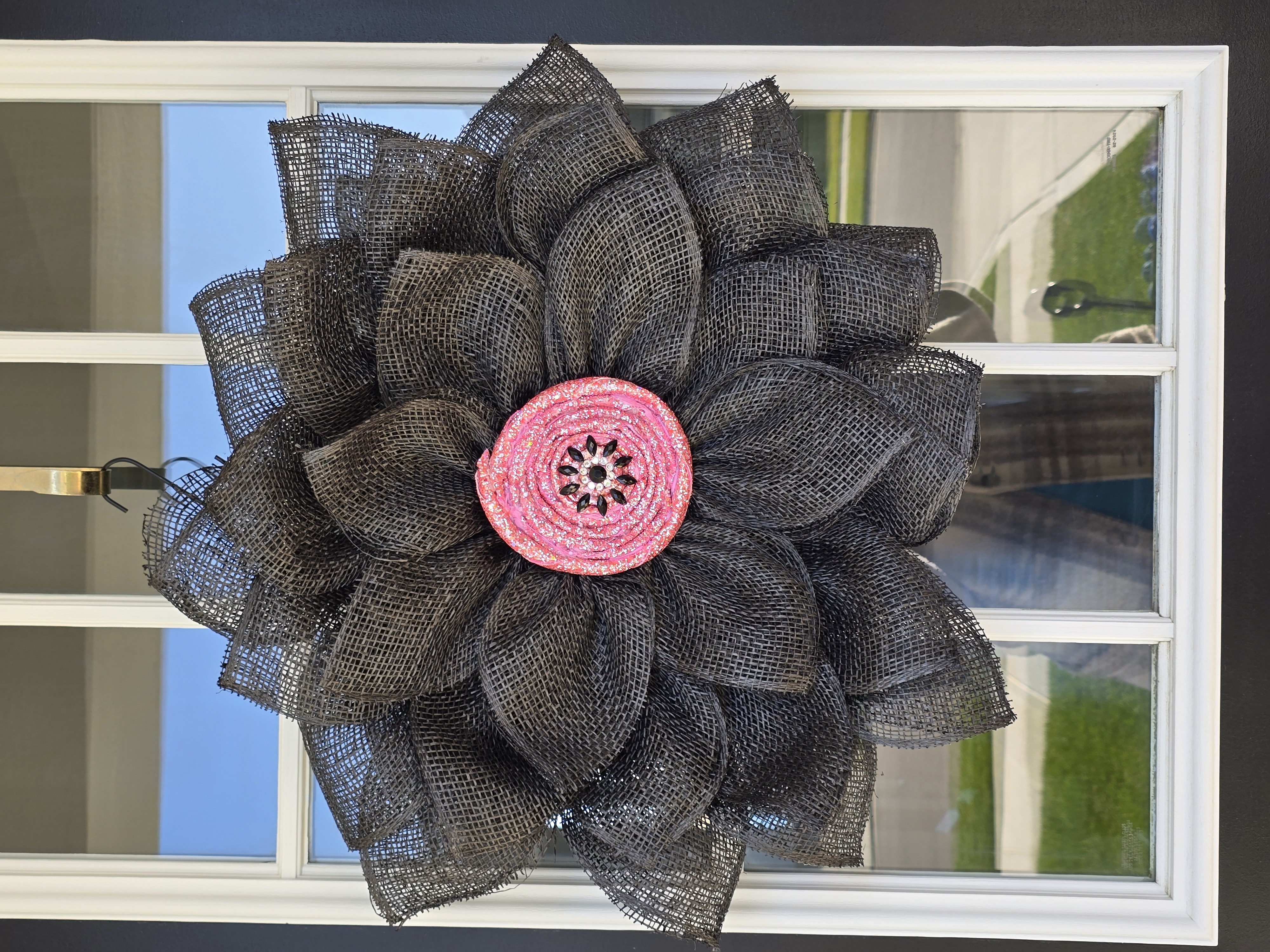 Black with Pink Center Handcrafted Burlap Flower Wreath