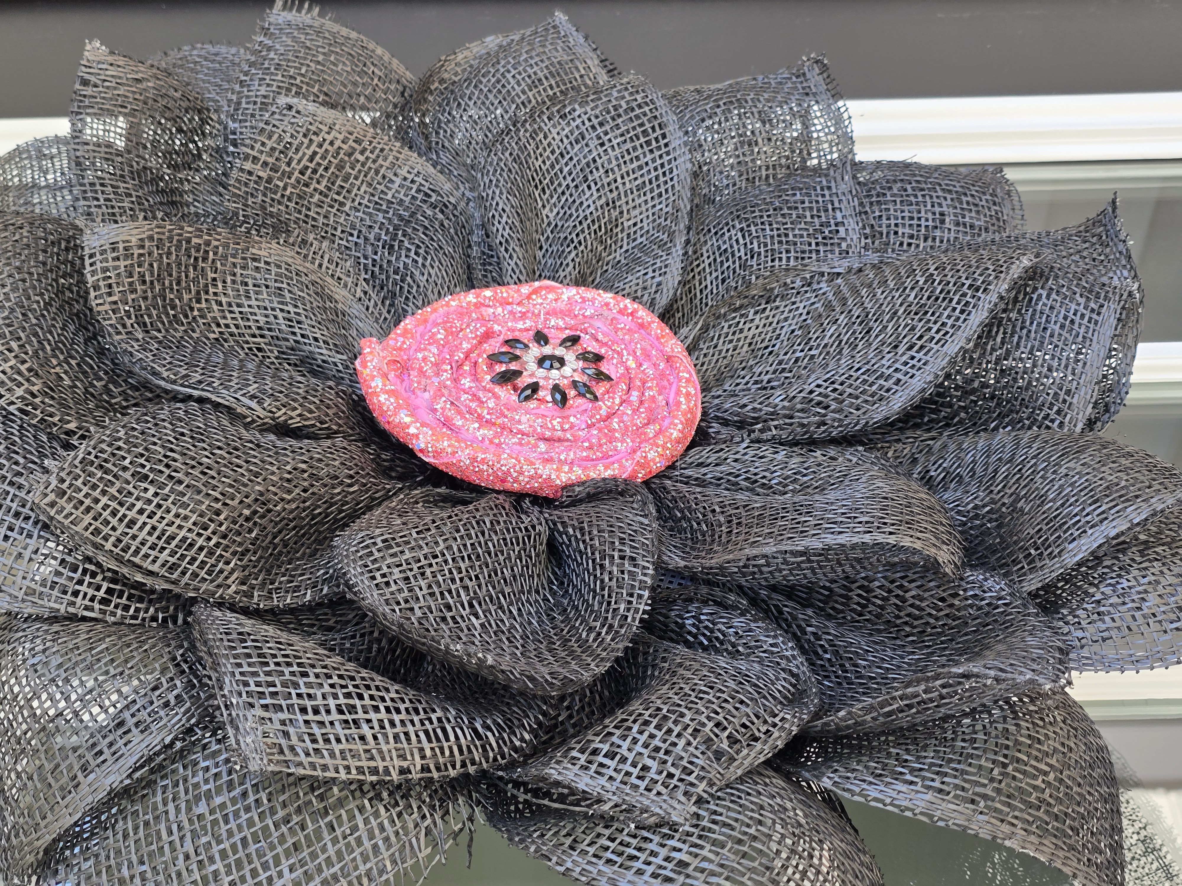 Black with Pink Center Handcrafted Burlap Flower Wreath