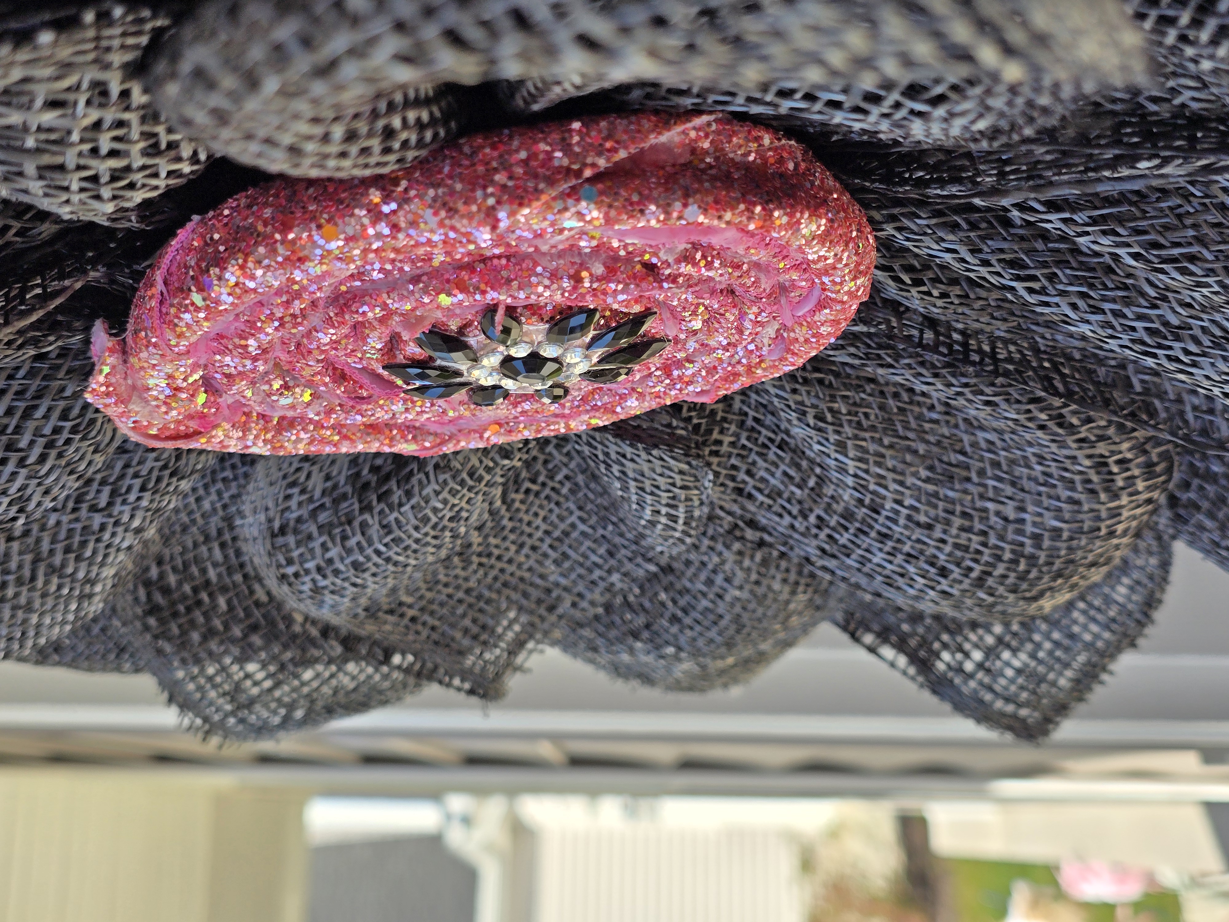 Black with Pink Center Handcrafted Burlap Flower Wreath