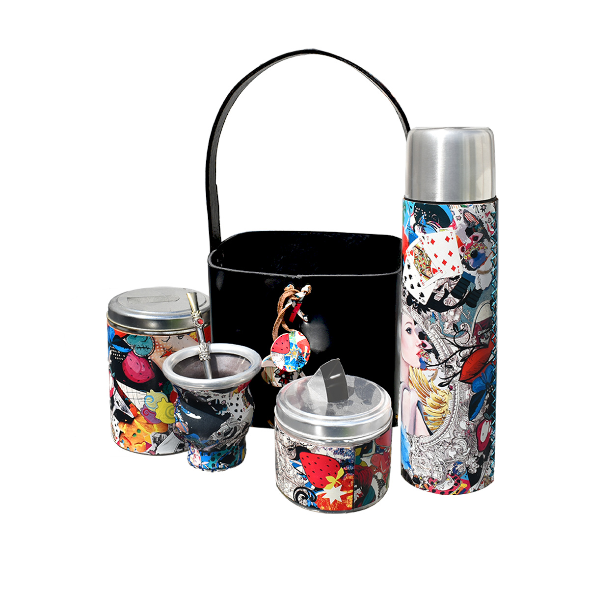 Set Matero Canasta Yerba Azucar Termo Mate Y Bombilla