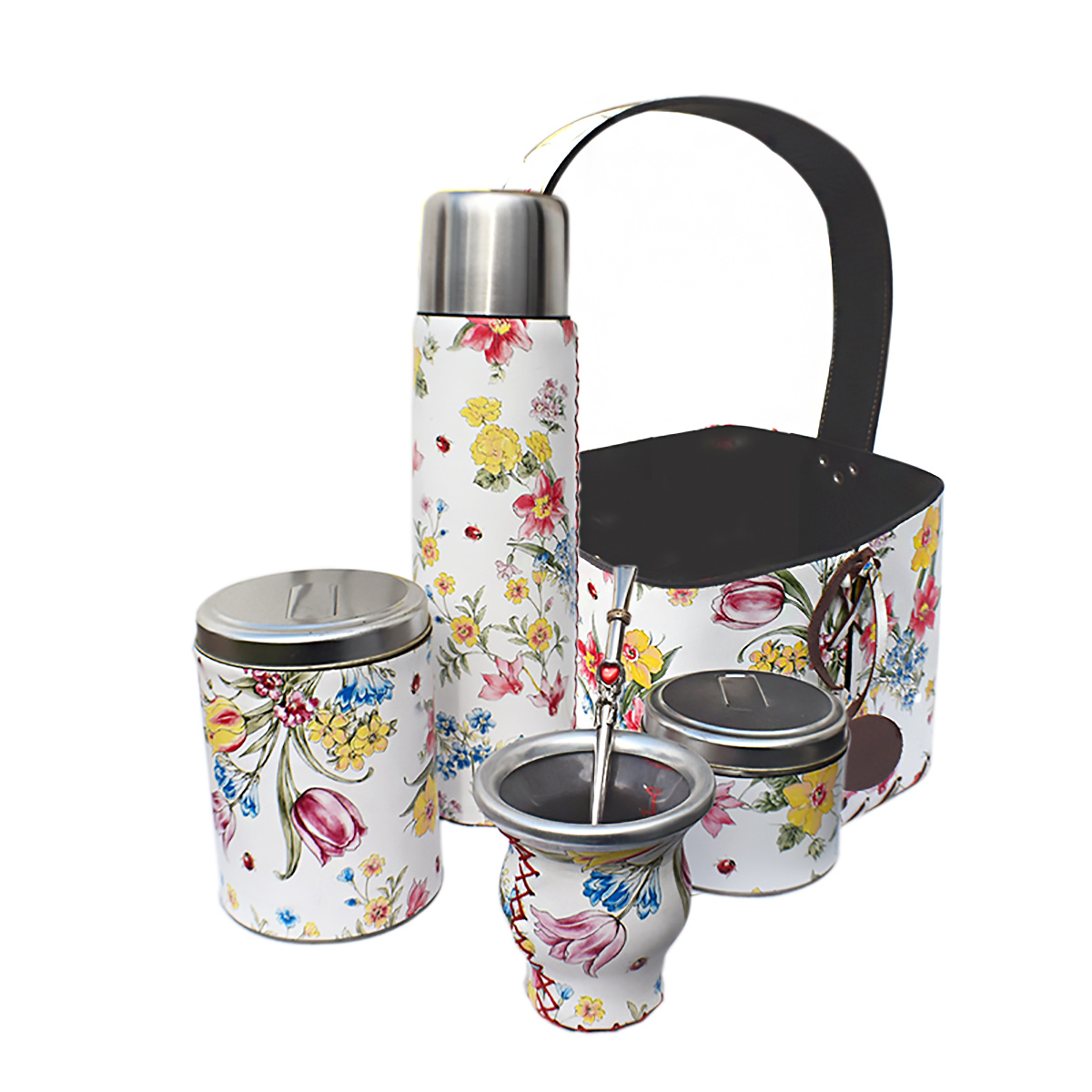 Set Matero Canasta Yerba Azucar Termo Mate Y Bombilla