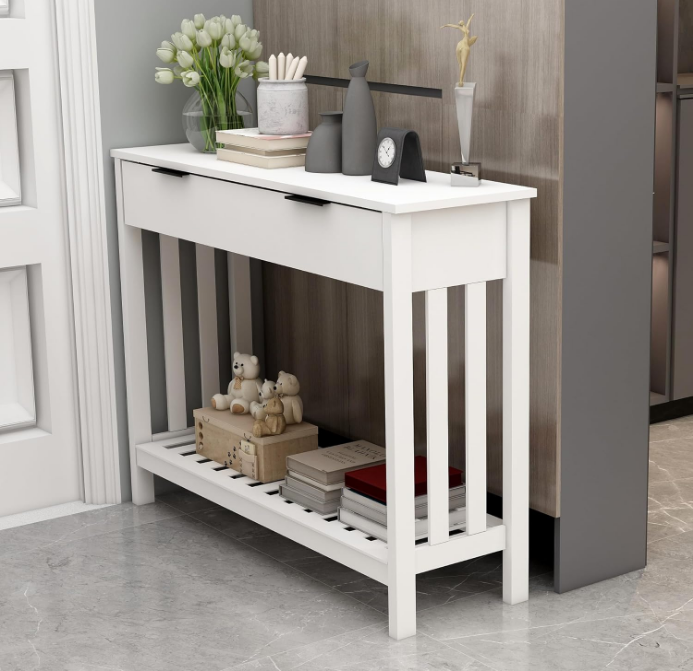 White Narrow Console Table with Storage Modern Wood Entryway Table with Drawer Hallway Table Sofa Tables for Living Room,Entrance Tables for Front Door Corridor, Office, White
