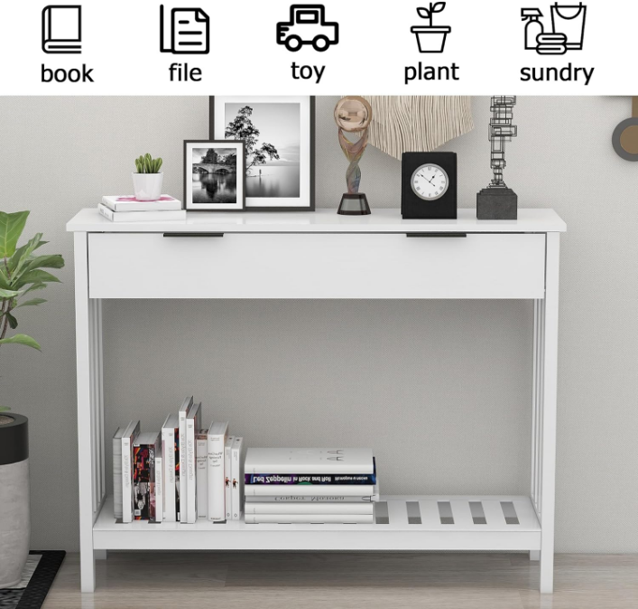 White Narrow Console Table with Storage Modern Wood Entryway Table with Drawer Hallway Table Sofa Tables for Living Room,Entrance Tables for Front Door Corridor, Office, White