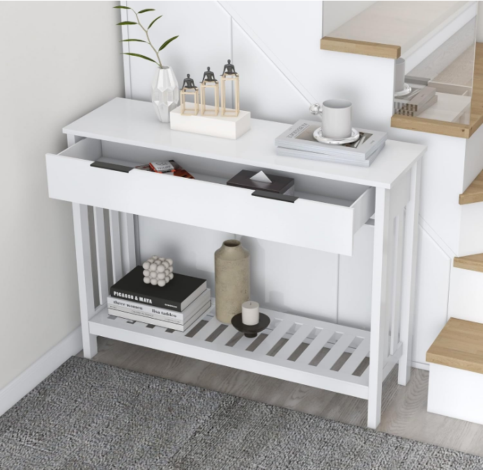 White Narrow Console Table with Storage Modern Wood Entryway Table with Drawer Hallway Table Sofa Tables for Living Room,Entrance Tables for Front Door Corridor, Office, White