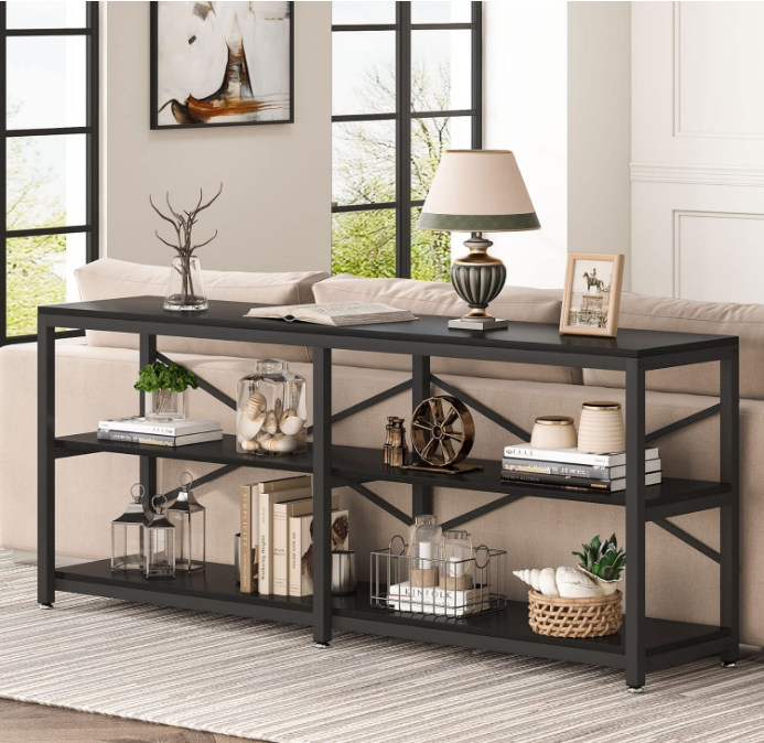 70.9 Inch Extra Long Console Table, Modern Sofa Table Behind Couch Table with Storage Shelves, 3-Tier Industrial Hallway Entryway Table for Living Room, 3 Shelf Bookshelf(Black)