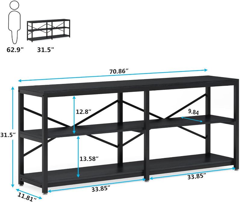 70.9 Inch Extra Long Console Table, Modern Sofa Table Behind Couch Table with Storage Shelves, 3-Tier Industrial Hallway Entryway Table for Living Room, 3 Shelf Bookshelf(Black)