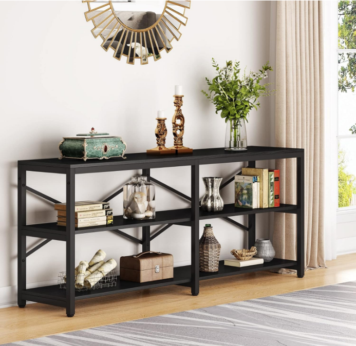70.9 Inch Extra Long Console Table, Modern Sofa Table Behind Couch Table with Storage Shelves, 3-Tier Industrial Hallway Entryway Table for Living Room, 3 Shelf Bookshelf(Black)