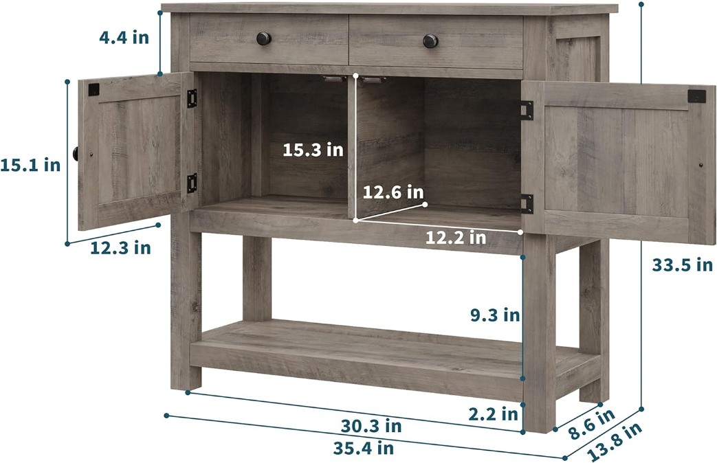 Farmhouse Console Table with 2-Door Cabinet & 2 Drawers, Coffee Bar, Entryway Table with Storage Shelf, Sofa Tables Buffet Sideboard for Kitchen, Hallway, Dining, Living Room, Ash Gray