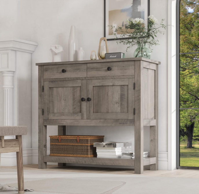 Farmhouse Console Table with 2-Door Cabinet & 2 Drawers, Coffee Bar, Entryway Table with Storage Shelf, Sofa Tables Buffet Sideboard for Kitchen, Hallway, Dining, Living Room, Ash Gray