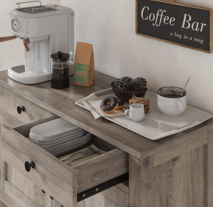 Farmhouse Console Table with 2-Door Cabinet & 2 Drawers, Coffee Bar, Entryway Table with Storage Shelf, Sofa Tables Buffet Sideboard for Kitchen, Hallway, Dining, Living Room, Ash Gray