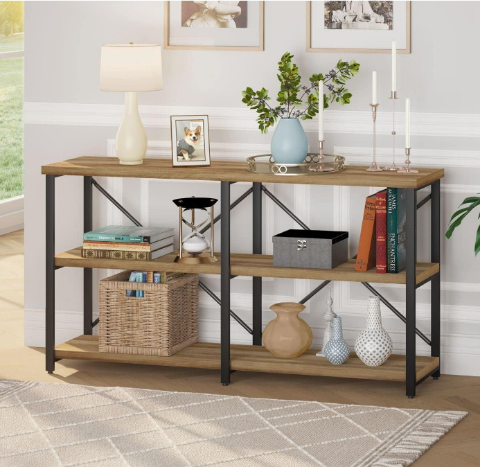 Console Tables for Entryway, Industrial Sofa Table Behind Couch, 3 Tier Couch Table for Living Room, Farmhouse Hallway Table for Foyer (55 Inch, Vintage Oak)