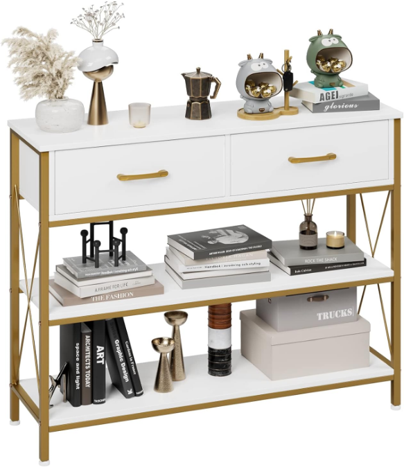 Industrial Console Table with Drawers, Vintage Hallway Foyer Table with Storage Shelves, Narrow Long Sofa Entryway Table for Living Room, White/Gold