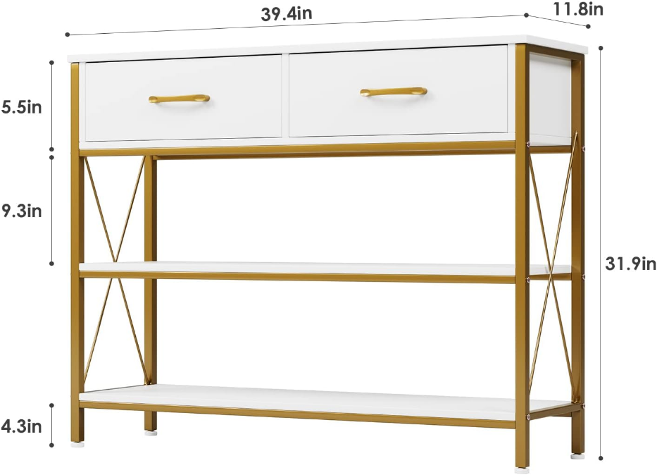 Industrial Console Table with Drawers, Vintage Hallway Foyer Table with Storage Shelves, Narrow Long Sofa Entryway Table for Living Room, White/Gold