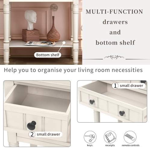 Narrow Console, Slim Sofa Table with Three Storage Drawers and Bottom Shelf for Living Room, Easy Assembly (Ivory White)