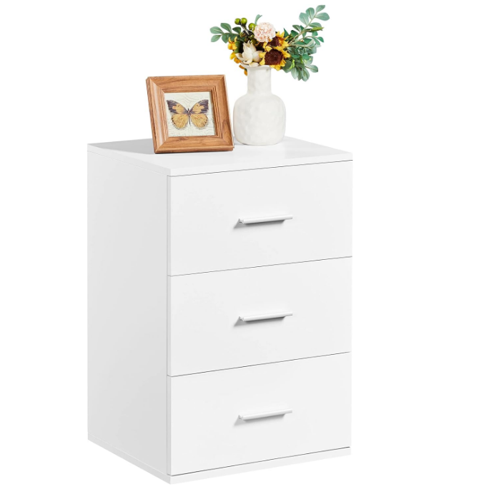 Nightstand with 3 Drawers, Wood Bedside Cupboard with Metal Handles, Bedside Table Chest of Drawer Telephone Table with Storage for Bedroom/Small Space, White