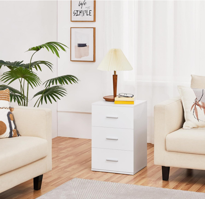 Nightstand with 3 Drawers, Wood Bedside Cupboard with Metal Handles, Bedside Table Chest of Drawer Telephone Table with Storage for Bedroom/Small Space, White