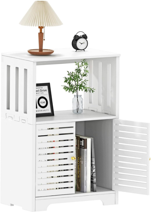 3-Tier Side Table with Doors White, Nightstand End Table Bookcase, Storage Cabinet for Bedroom, Living Room, Bathroom, Office