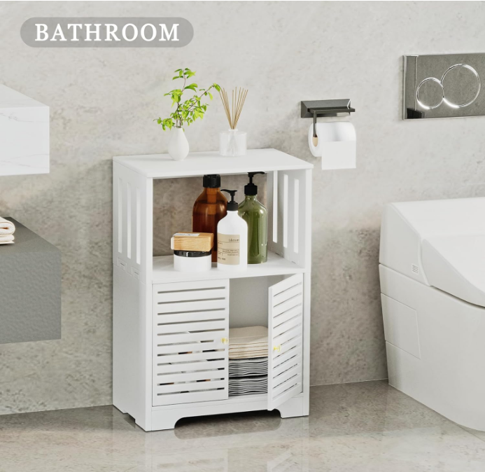 3-Tier Side Table with Doors White, Nightstand End Table Bookcase, Storage Cabinet for Bedroom, Living Room, Bathroom, Office