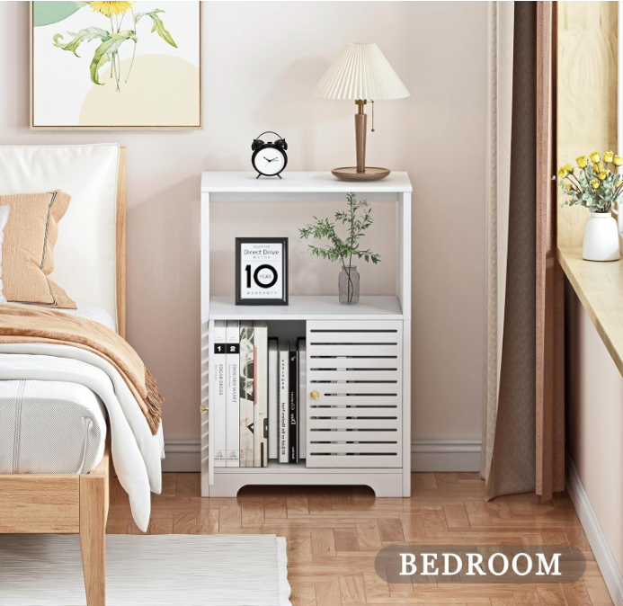 3-Tier Side Table with Doors White, Nightstand End Table Bookcase, Storage Cabinet for Bedroom, Living Room, Bathroom, Office