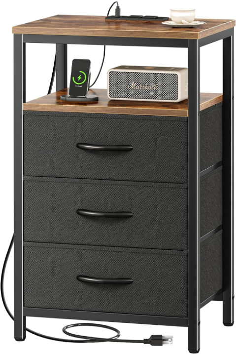 Nightstand with Charging Station, 27.6 Inch Side Table with Fabric Drawers, End Table Bedside Table with USB Ports and Outlets, Night Stand for Bedroom, Rustic Brown and Black