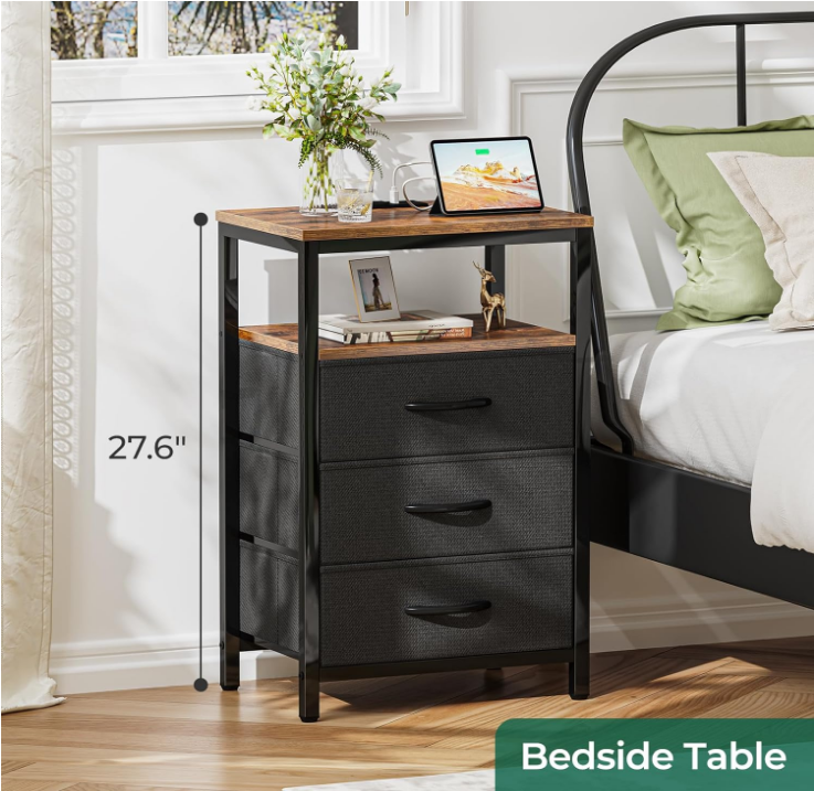 Nightstand with Charging Station, 27.6 Inch Side Table with Fabric Drawers, End Table Bedside Table with USB Ports and Outlets, Night Stand for Bedroom, Rustic Brown and Black