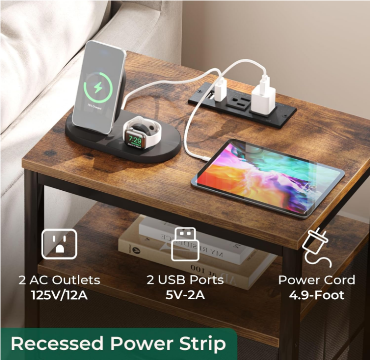 Nightstand with Charging Station, 27.6 Inch Side Table with Fabric Drawers, End Table Bedside Table with USB Ports and Outlets, Night Stand for Bedroom, Rustic Brown and Black