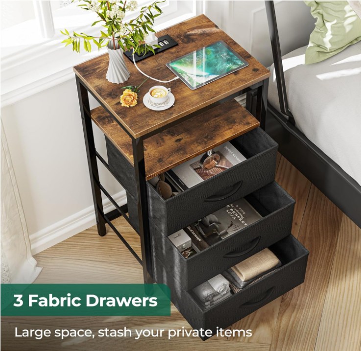 Nightstand with Charging Station, 27.6 Inch Side Table with Fabric Drawers, End Table Bedside Table with USB Ports and Outlets, Night Stand for Bedroom, Rustic Brown and Black