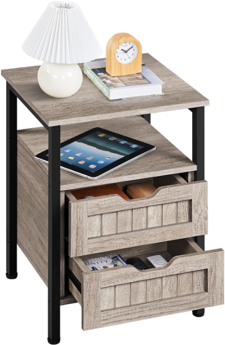 Nightstand with 2 Drawers and Open Shelf, Bedside Table Bedside Cupboard with Adjustable Feet, Wooden Bedside Cabinet Sofa Side Table End Table for Bedroom/Small Space, Gray