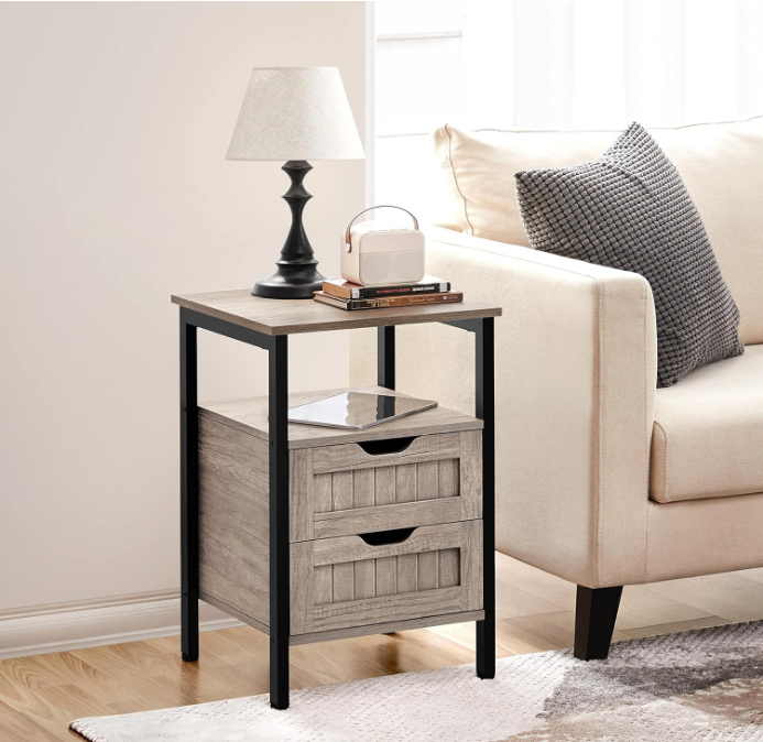 Nightstand with 2 Drawers and Open Shelf, Bedside Table Bedside Cupboard with Adjustable Feet, Wooden Bedside Cabinet Sofa Side Table End Table for Bedroom/Small Space, Gray