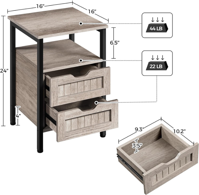 Nightstand with 2 Drawers and Open Shelf, Bedside Table Bedside Cupboard with Adjustable Feet, Wooden Bedside Cabinet Sofa Side Table End Table for Bedroom/Small Space, Gray