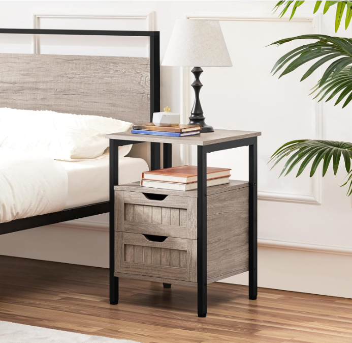 Nightstand with 2 Drawers and Open Shelf, Bedside Table Bedside Cupboard with Adjustable Feet, Wooden Bedside Cabinet Sofa Side Table End Table for Bedroom/Small Space, Gray